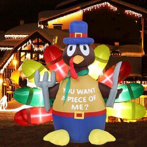 Thanksgiving Inflatable Turkey Lawn Decoration - 5FT LED Light Up Autumn Pilgrim